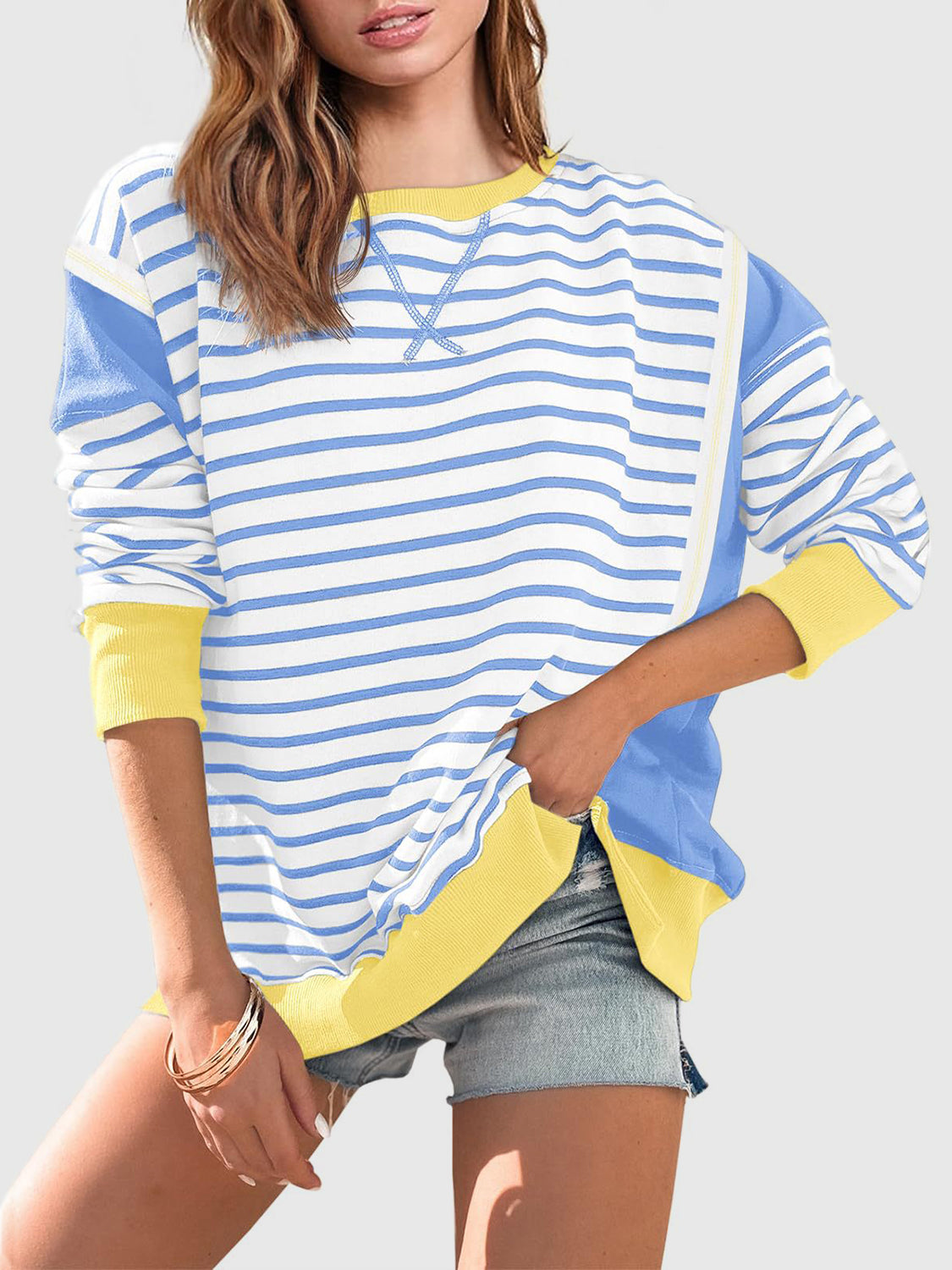 Exposed Seam Striped Sweatshirt