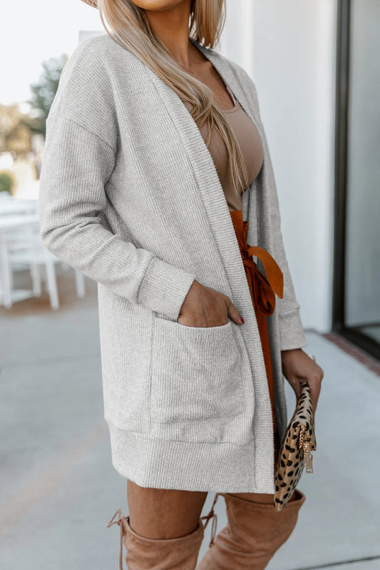 Beige Cable Knit Pocketed Open Front Cardigan