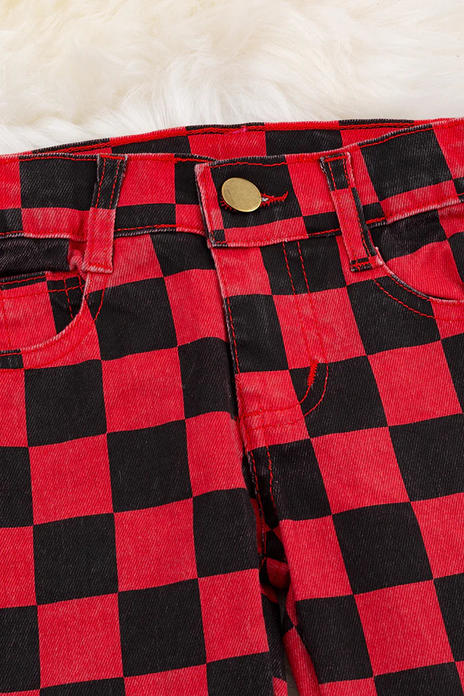 Red & Black Checkered Denim Pants