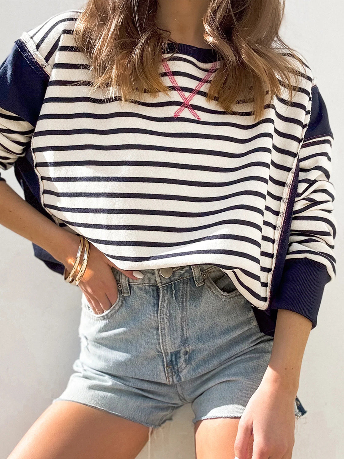 Exposed Seam Striped Sweatshirt