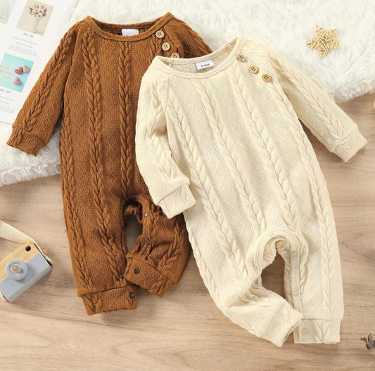 Cable Knit Baby Romper-Cream or Brown-Unisex