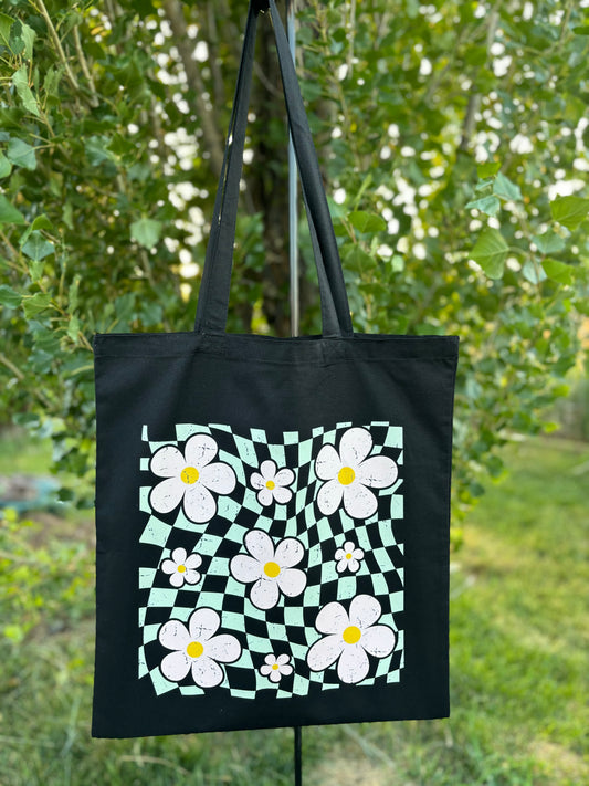 Checkered Flower Canvas Tote Bag