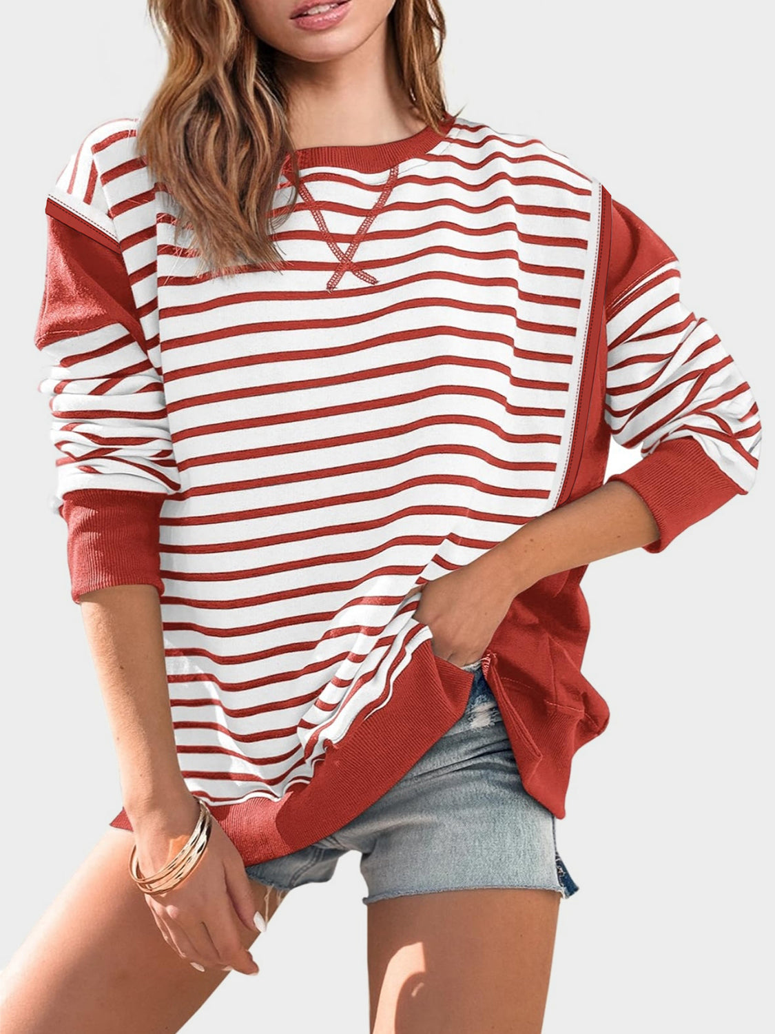 Exposed Seam Striped Sweatshirt