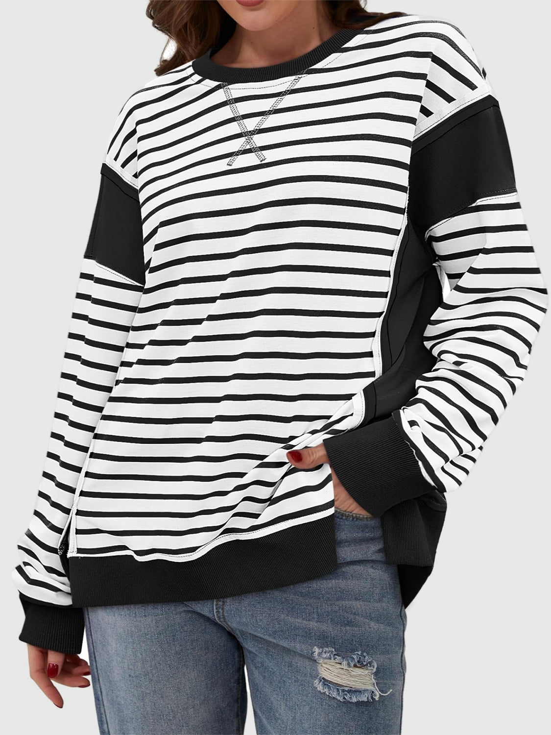 Exposed Seam Striped Sweatshirt