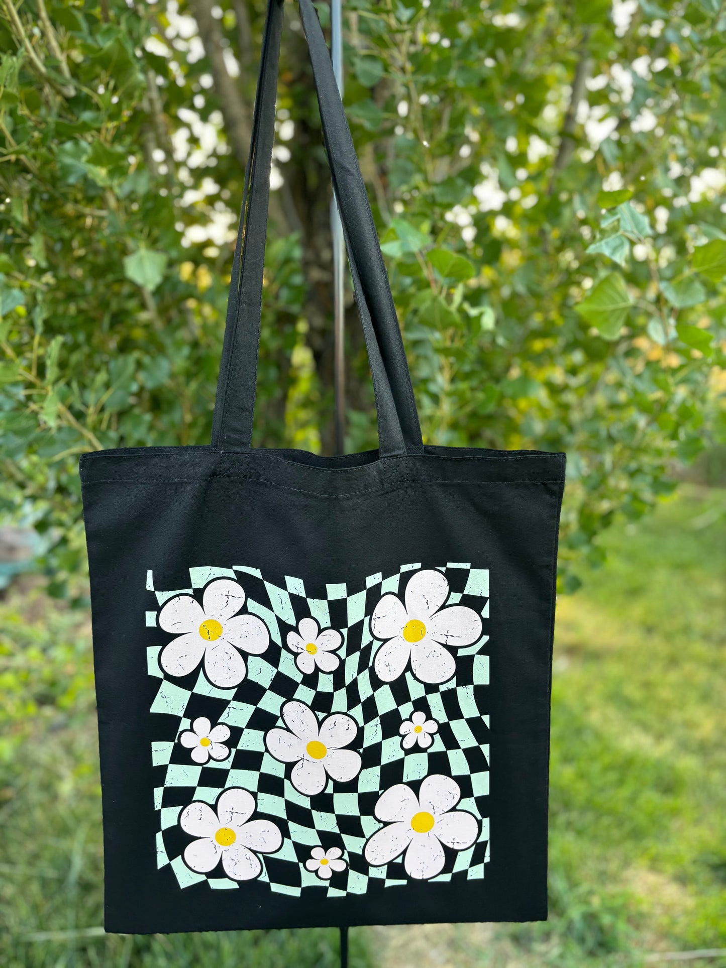 Checkered Flower Canvas Tote Bag