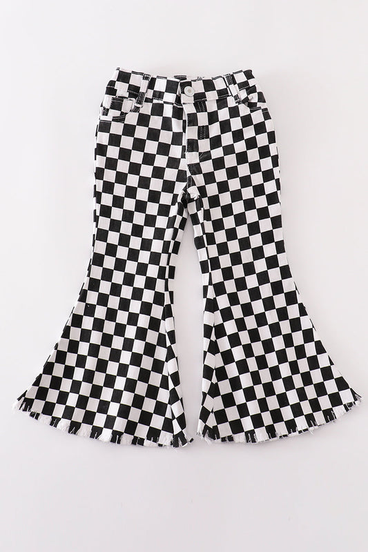 Girls Black Checkered Denim Jeans