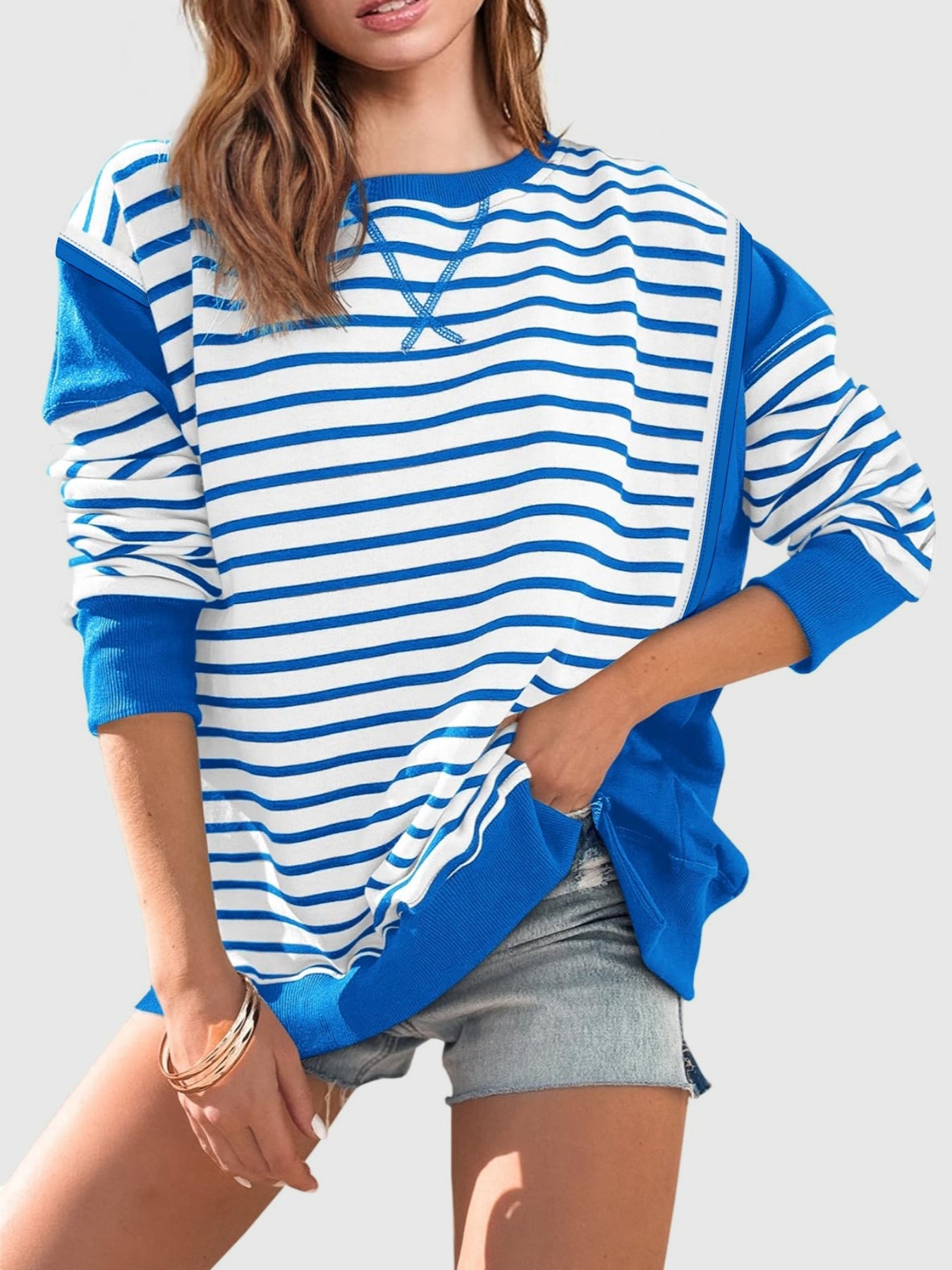 Exposed Seam Striped Sweatshirt