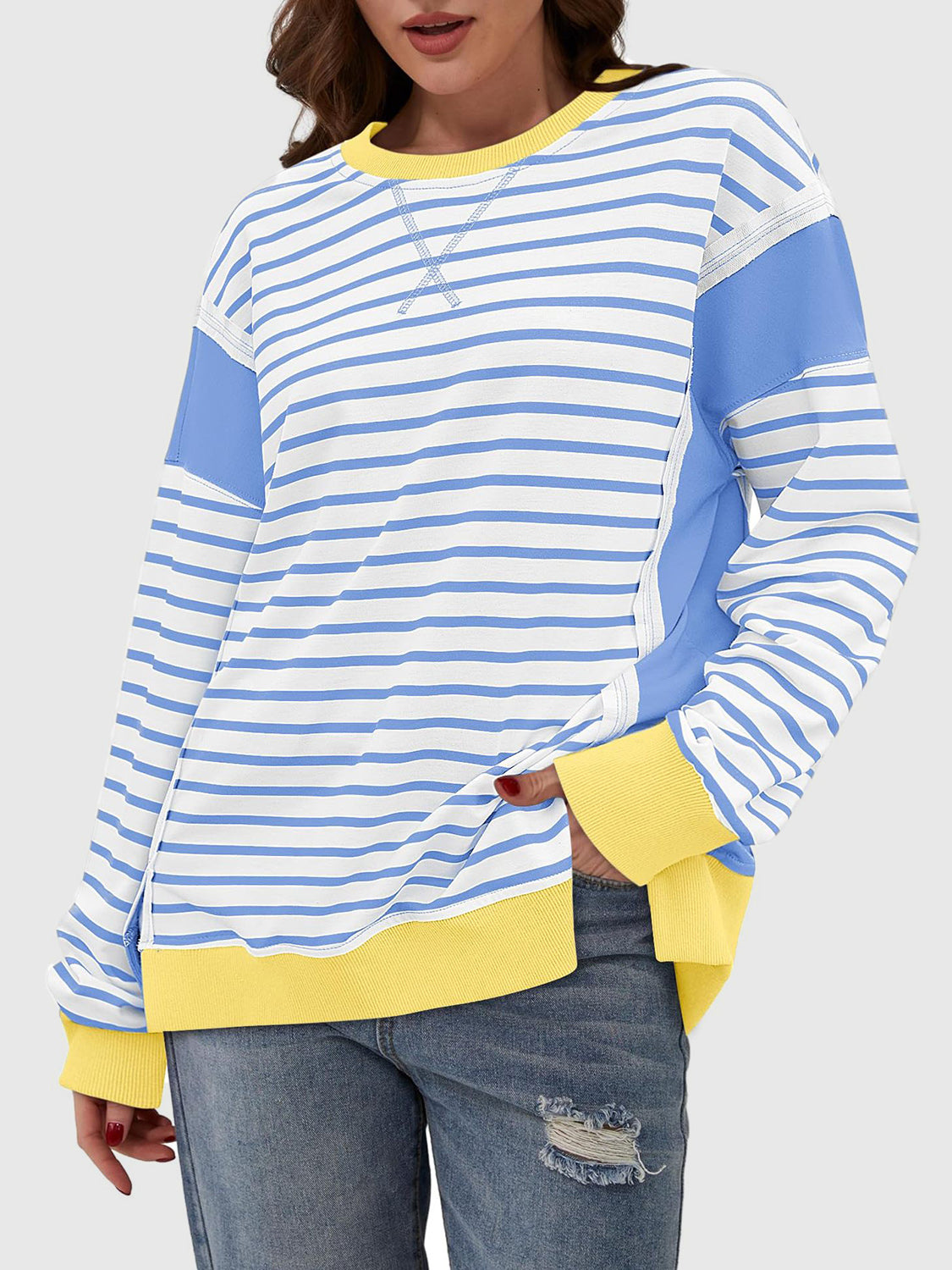 Exposed Seam Striped Sweatshirt