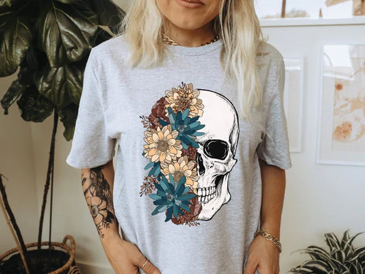 Blooms and Bones Graphic Tee for Edgy Elegance