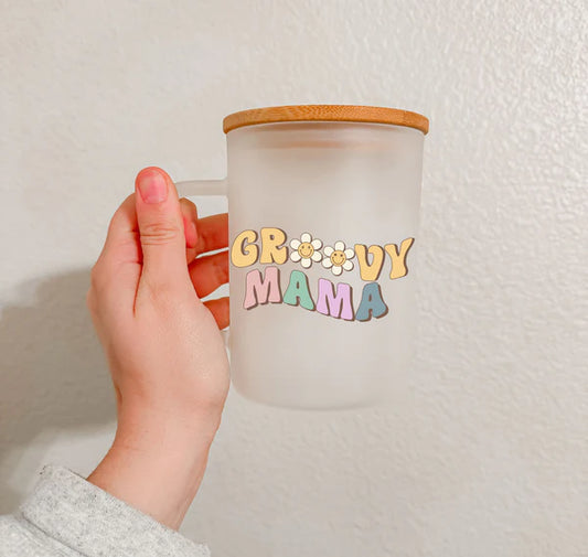 Groovy Mama- 17oz Frosted Glass Cup w/ Handle