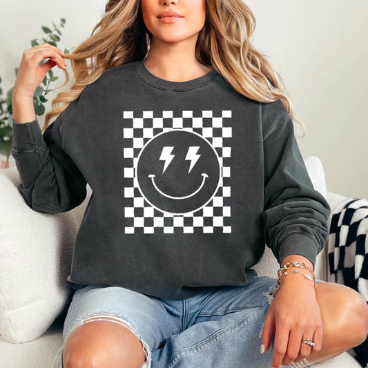Checkered Smiley Face Graphic Tee: Spread Joy with Style