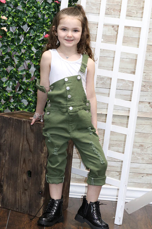 Girls Green Distressed Trendy Overalls
