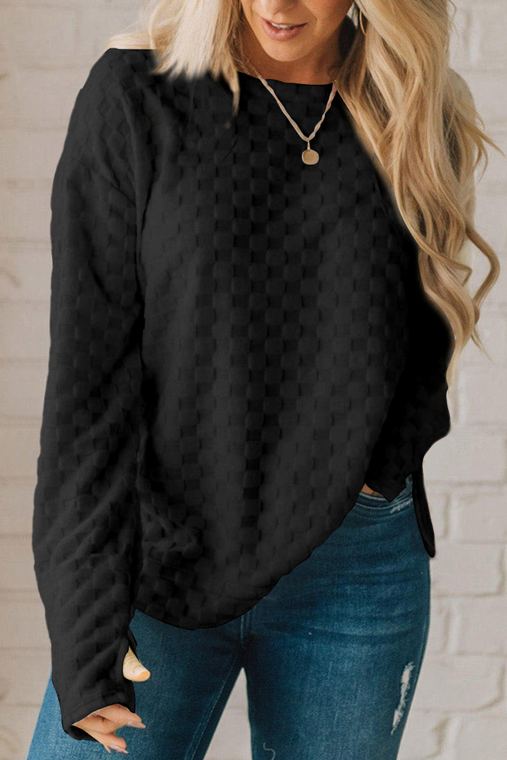 Women's Black Checkered Long Sleeve Top- Stylish and Comfortable