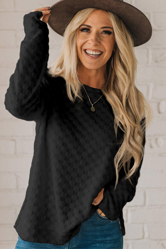 Women's Black Checkered Long Sleeve Top- Stylish and Comfortable
