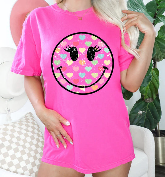 Candy Heart Smiley Graphic Tee – Sweet and Stylish Valentine's Day Shirt