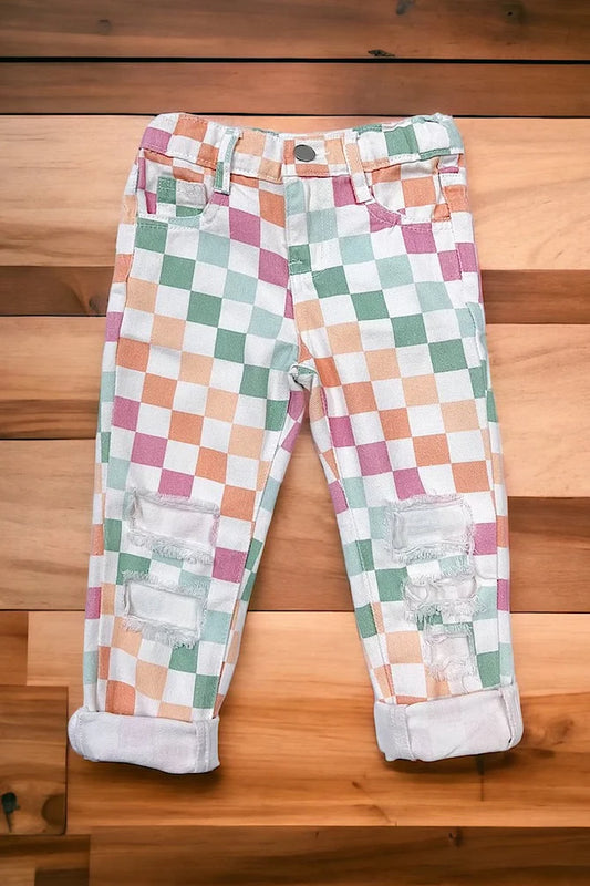 Girls Multi-Colored Checkered Distressed Denim Jeans