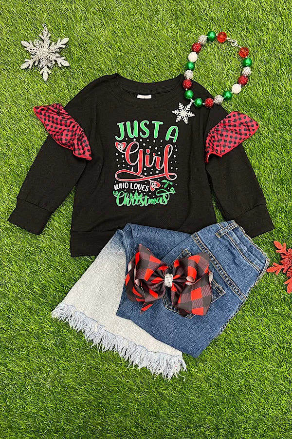 Festive 'Just a Girl Who Loves Christmas' Sweatshirt with Ruffled Sleeve