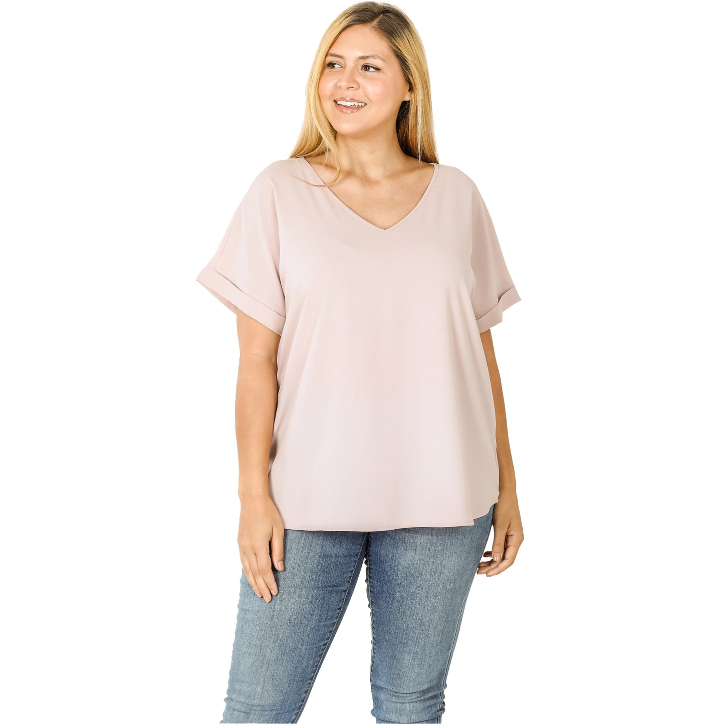 Rolled Sleeve V-Neck Top- Plus Size