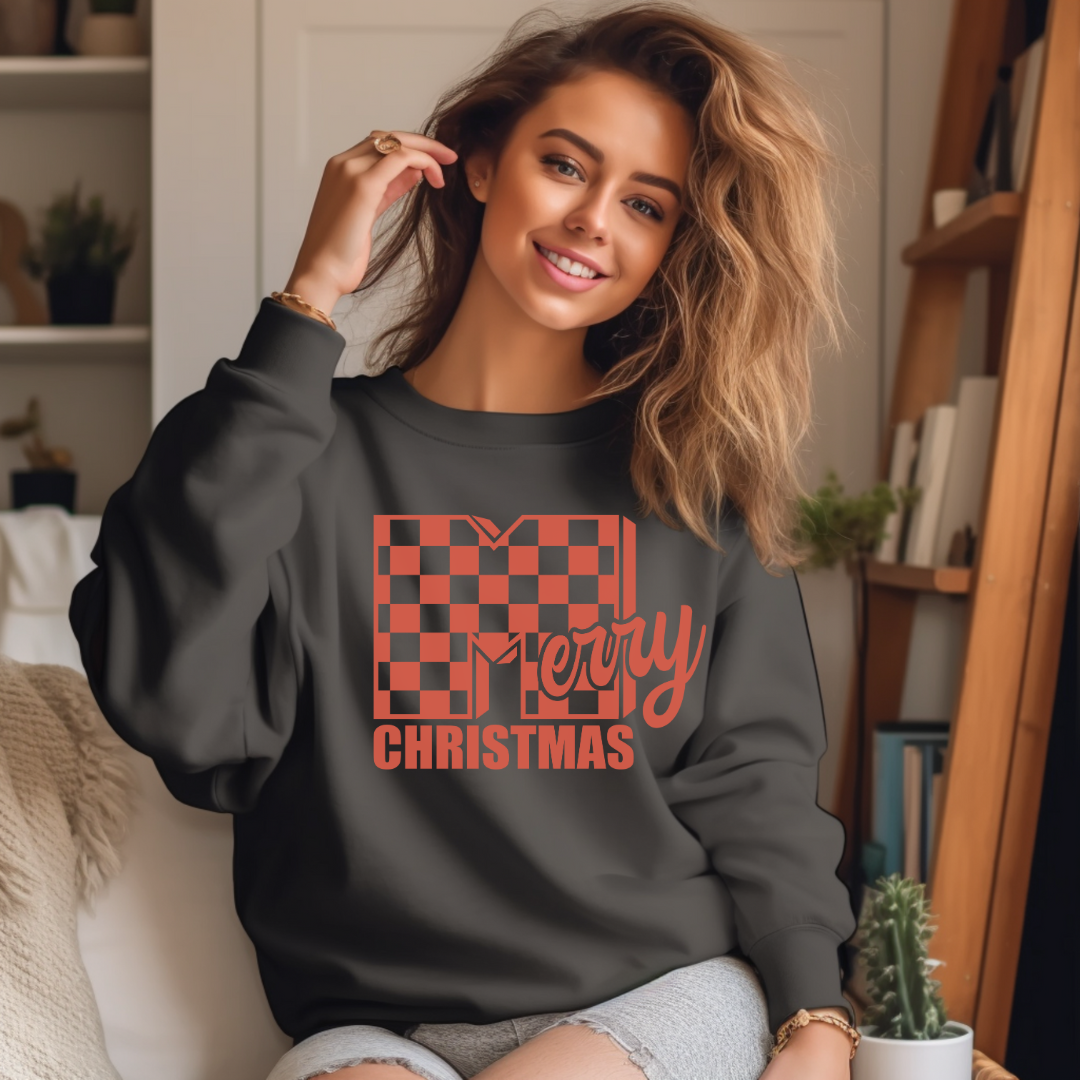 Checkered Merry Graphic T-Shirt or Crewneck