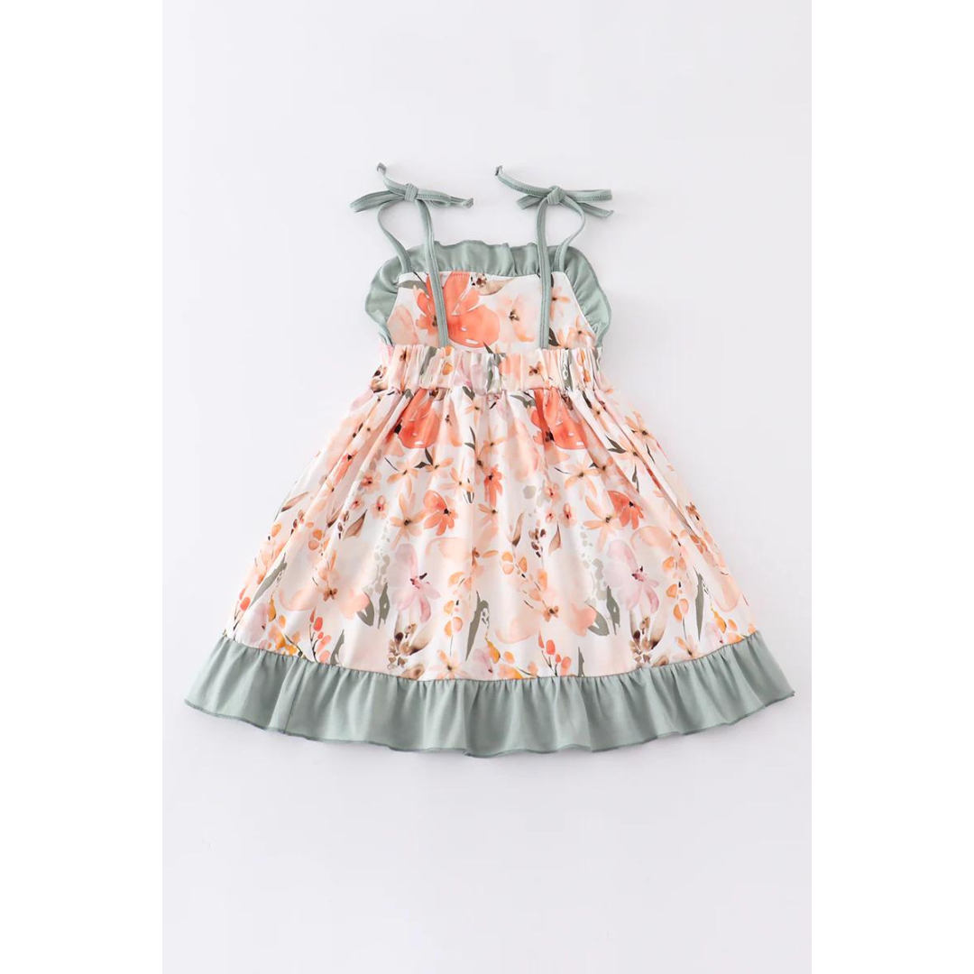 Coral Floral Strap Girls Dress