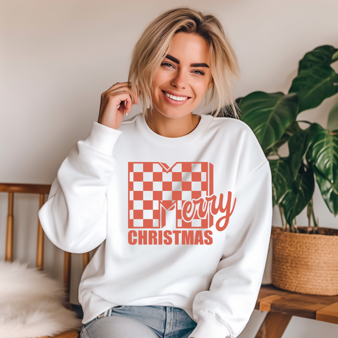 Checkered Merry Graphic T-Shirt or Crewneck