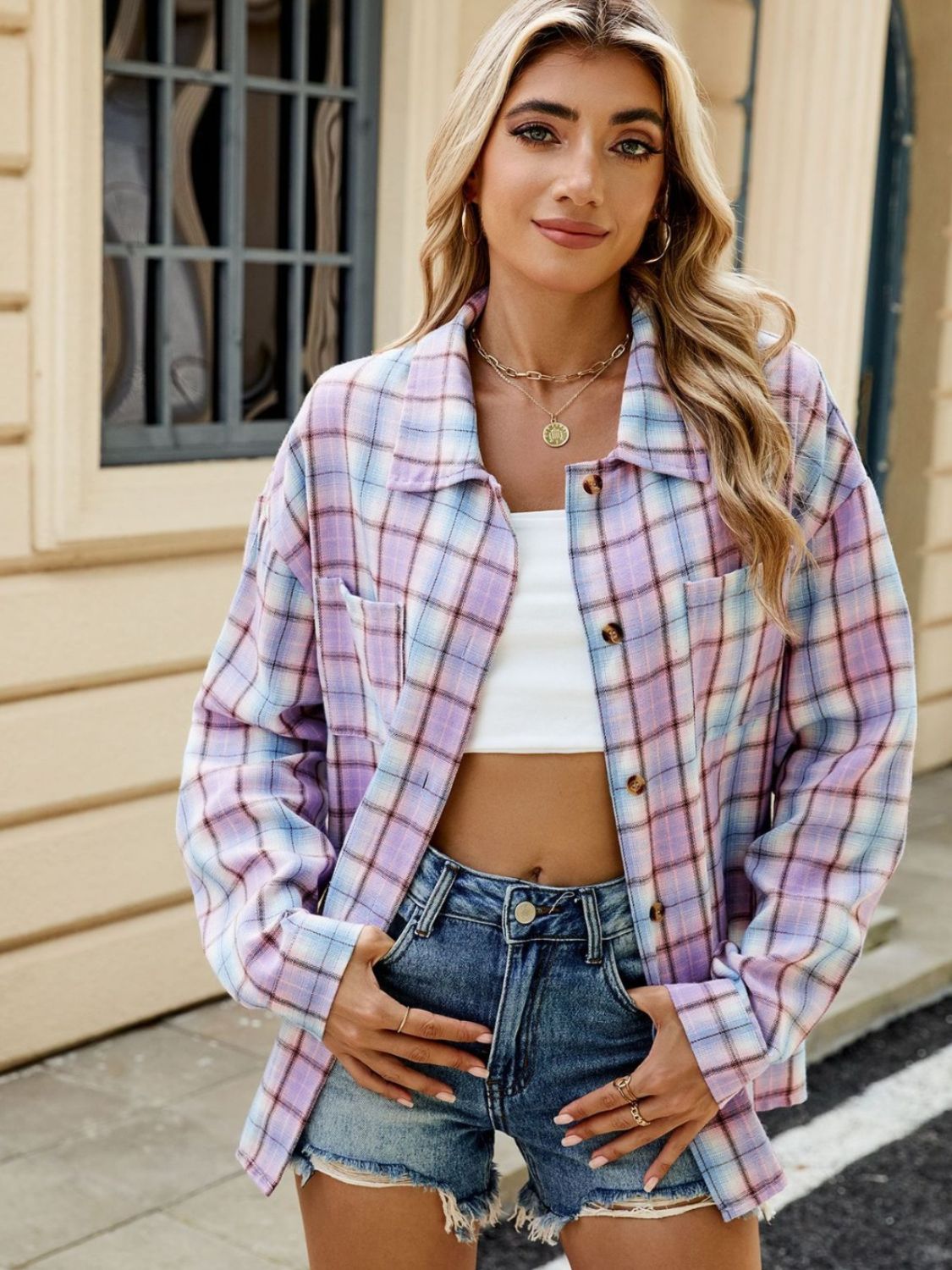 Plaid Collared Neck Long Sleeve Shirt