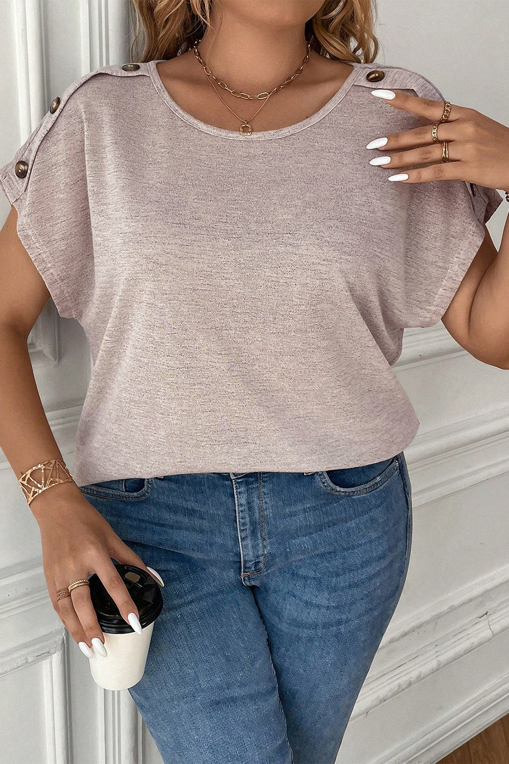 Plus Size Decorative Button Round Neck Short Sleeve T-Shirt