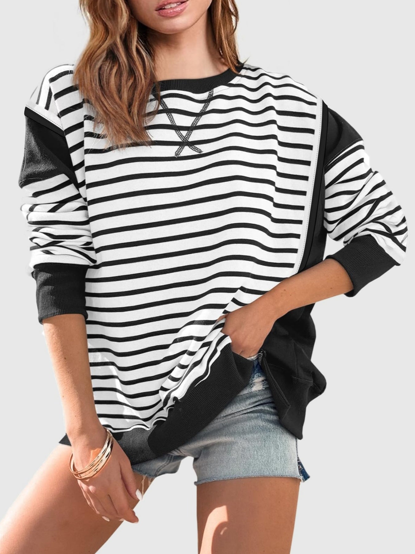 Exposed Seam Striped Sweatshirt