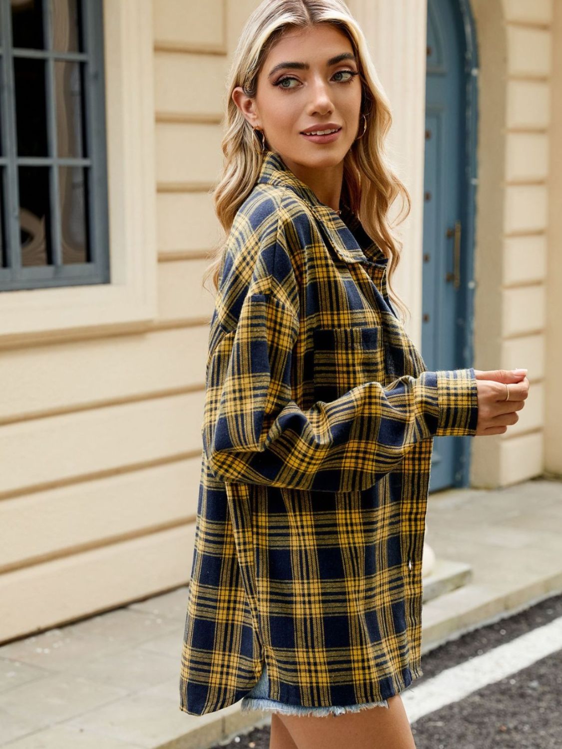 Plaid Collared Neck Long Sleeve Shirt