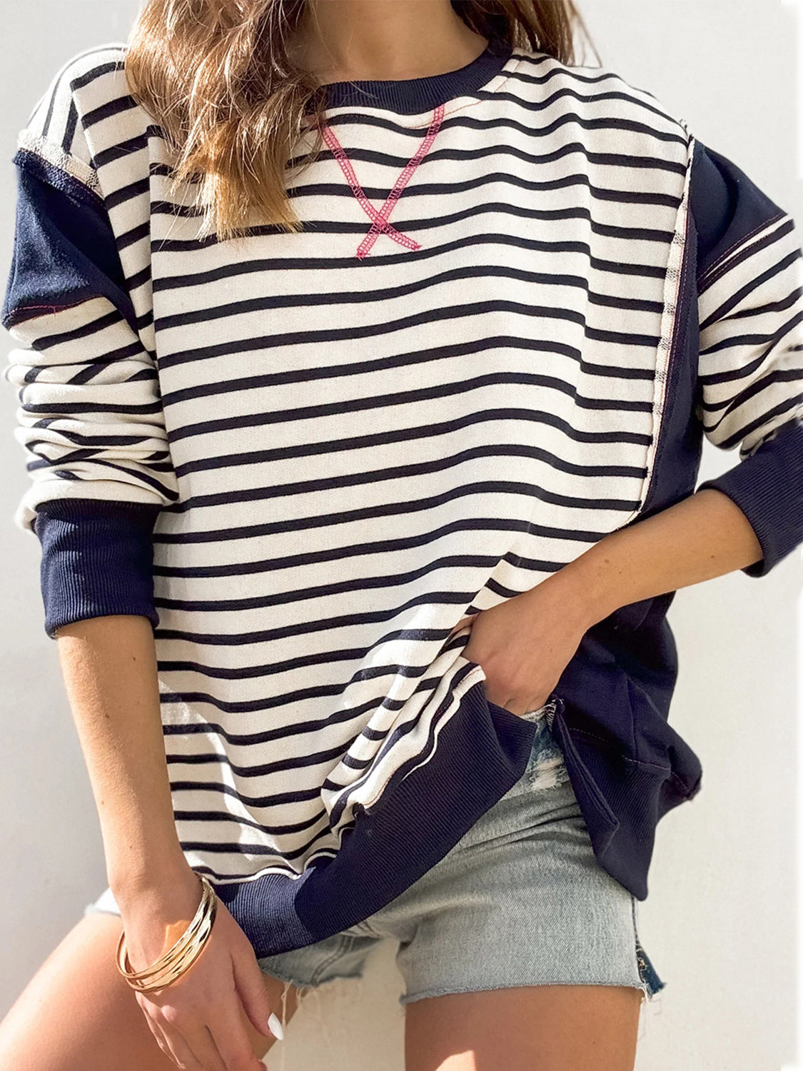 Exposed Seam Striped Sweatshirt