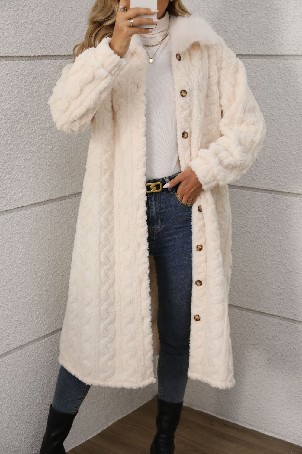 Cream Button Up Longline Coat