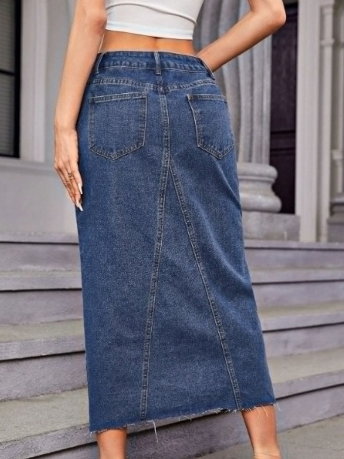 Slit Midi Denim Skirt with Pockets