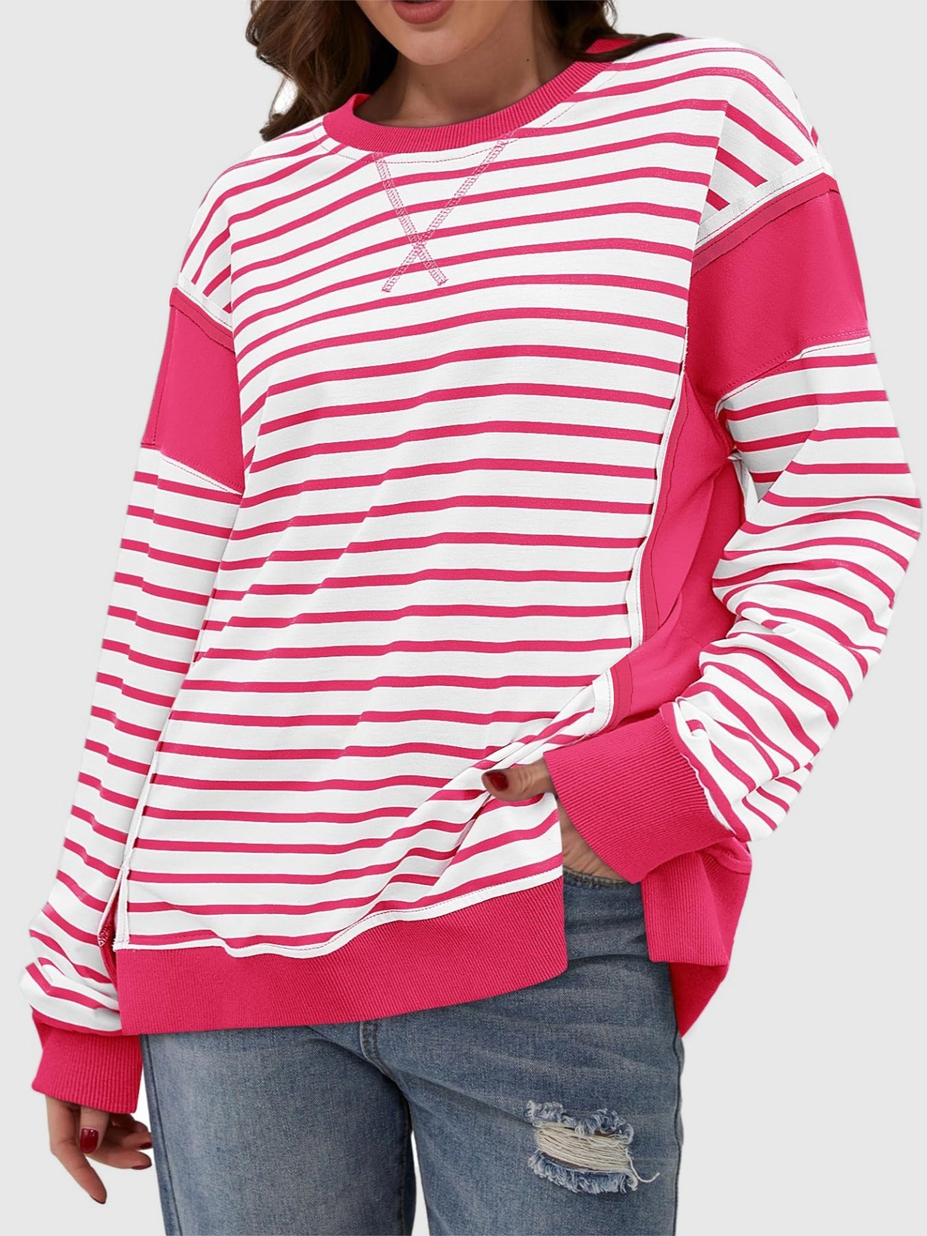 Exposed Seam Striped Sweatshirt