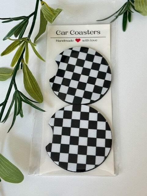 Car Coasters, Set of 2 Coasters, Checkered Car Coasters, Checkered Floral Smiley Trendy Car Coasters, Neoprene Absorbent Coasters