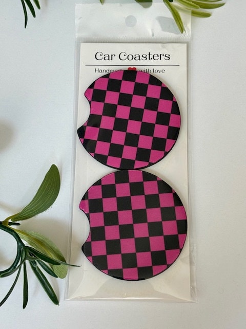 Car Coasters, Set of 2 Coasters, Checkered Car Coasters, Checkered Floral Smiley Trendy Car Coasters, Neoprene Absorbent Coasters