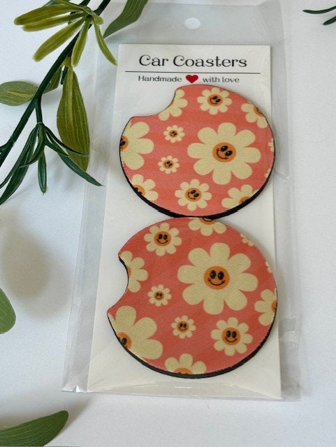 Car Coasters, Set of 2 Coasters, Floral Car Coasters, Floral Smiley Trendy Car Coasters, Neoprene Absorbent Coasters