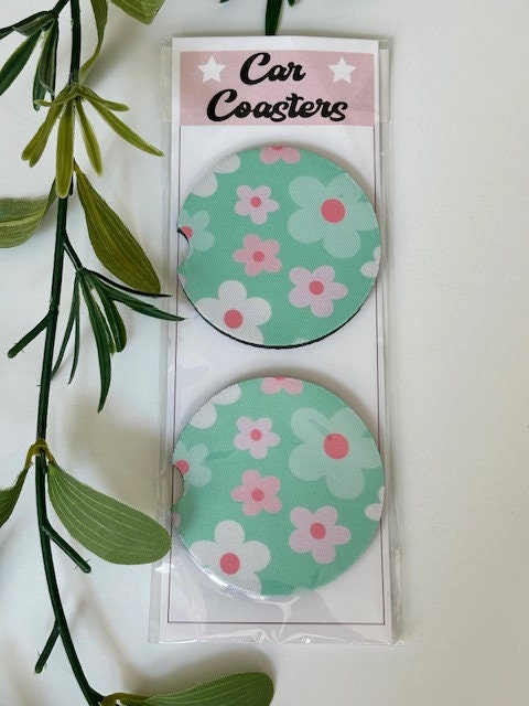 Car Coasters, Set of 2 Coasters, Floral Car Coasters, Floral Smiley Trendy Car Coasters, Neoprene Absorbent Coasters