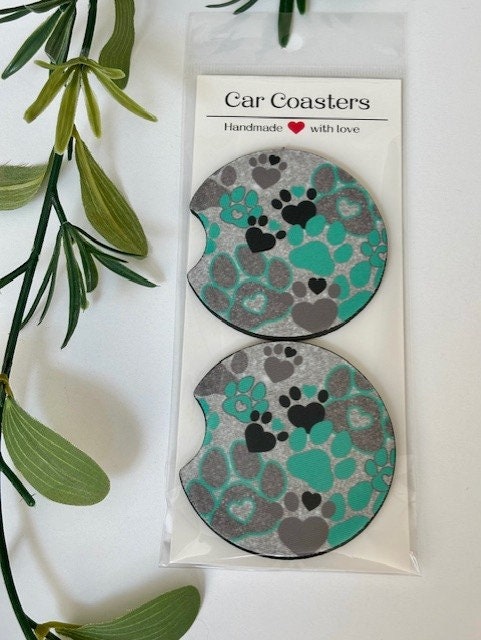 Car Coasters, Set of 2 Coasters, Retro Mushroom Car Coasters, Paw Print, Boho Rainbow, Trendy Cat Coasters, Neoprene Absorbent Coasters