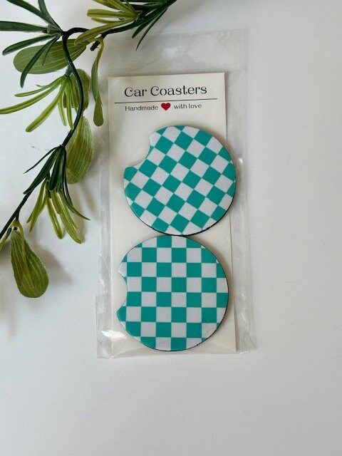 Car Coasters, Set of 2 Coasters, Checkered Car Coasters, Checkered Floral Smiley Trendy Car Coasters, Neoprene Absorbent Coasters