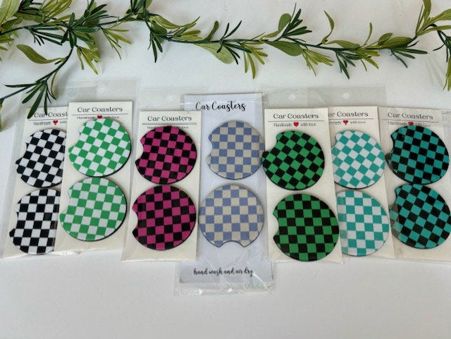 Car Coasters, Set of 2 Coasters, Checkered Car Coasters, Checkered Floral Smiley Trendy Car Coasters, Neoprene Absorbent Coasters