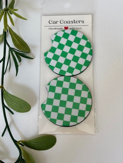 Car Coasters, Set of 2 Coasters, Checkered Car Coasters, Checkered Floral Smiley Trendy Car Coasters, Neoprene Absorbent Coasters