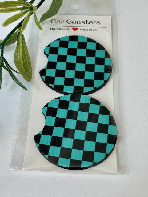 Car Coasters, Set of 2 Coasters, Checkered Car Coasters, Checkered Floral Smiley Trendy Car Coasters, Neoprene Absorbent Coasters