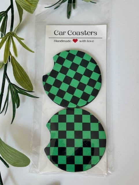 Car Coasters, Set of 2 Coasters, Checkered Car Coasters, Checkered Floral Smiley Trendy Car Coasters, Neoprene Absorbent Coasters