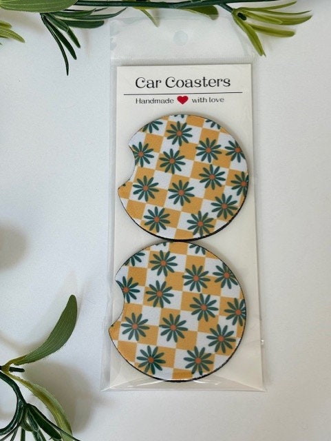 Car Coasters, Set of 2 Coasters, Floral Car Coasters, Floral Smiley Trendy Car Coasters, Neoprene Absorbent Coasters