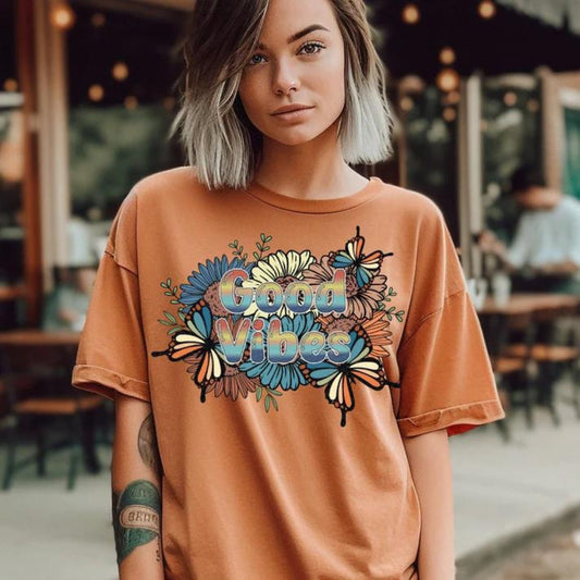 Good Vibes Graphic Comfort Colors T-Shirt, Boho Graphic T-Shirt, Fall/Autumn T-Shirt, Butterfly Tee