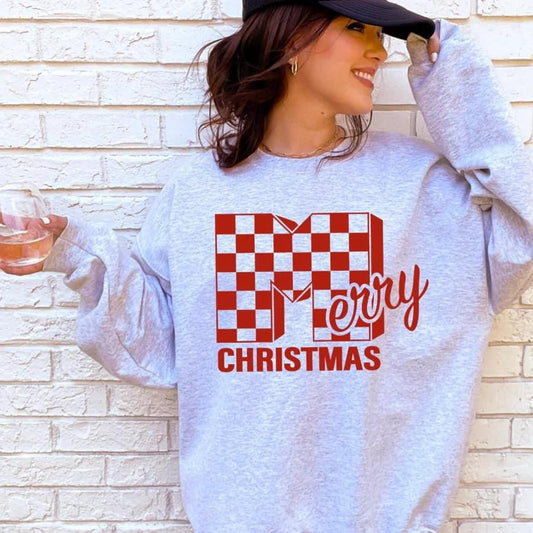 Checkered Merry Graphic T-Shirt or Crewneck